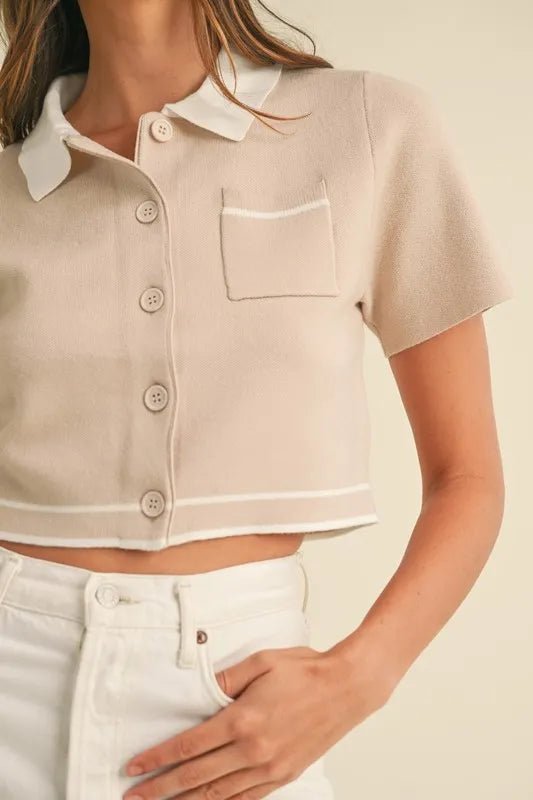 Mable - Beige Knit Cropped Button - Up Top