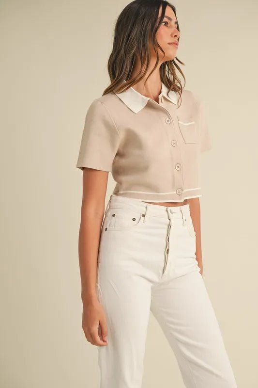Mable - Beige Knit Cropped Button - Up Top