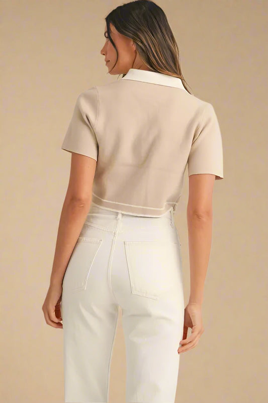 Mable - Beige Knit Cropped Button - Up Top