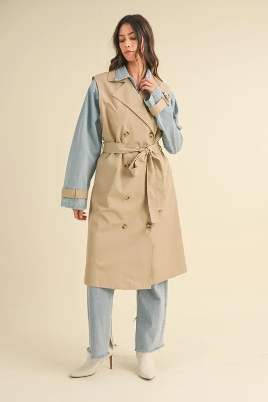 Mable - Beige Trench Coat with Denim Sleeves