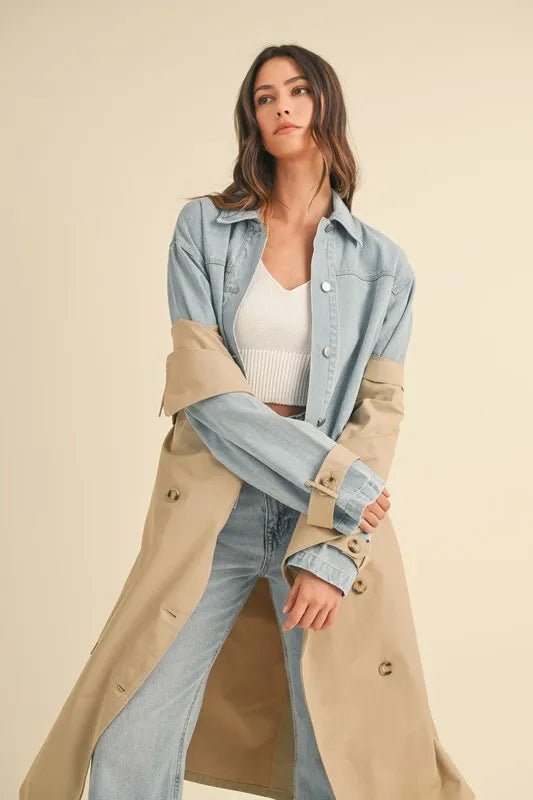Mable - Beige Trench Coat with Denim Sleeves