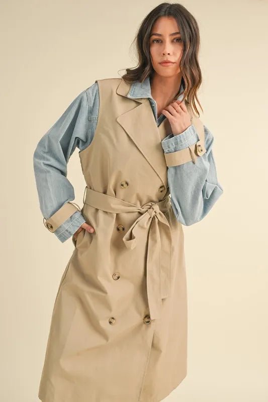 Mable - Beige Trench Coat with Denim Sleeves