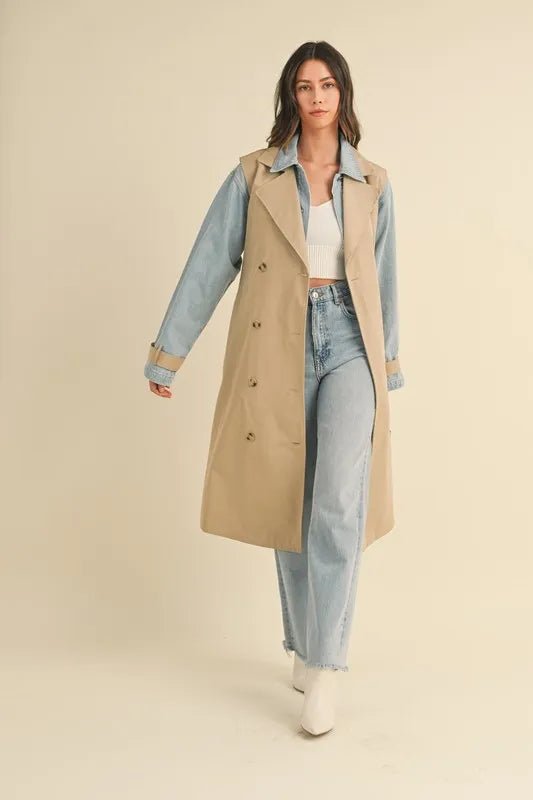 Mable - Beige Trench Coat with Denim Sleeves
