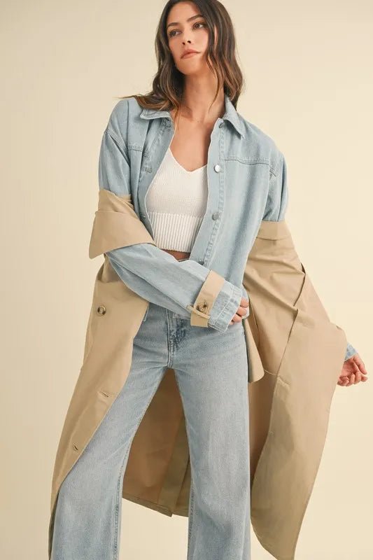 Mable - Beige Trench Coat with Denim Sleeves
