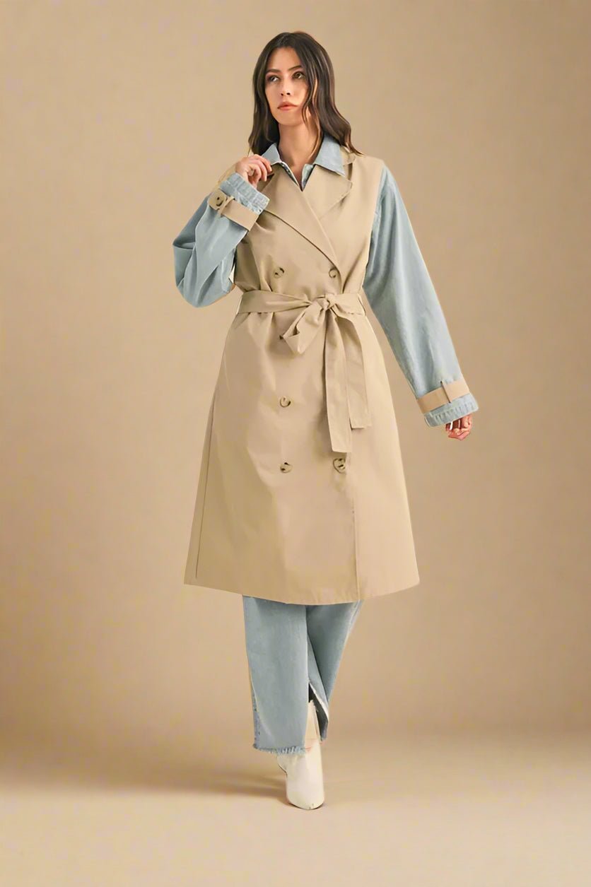 Mable - Beige Trench Coat with Denim Sleeves