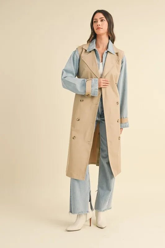 Mable - Beige Trench Coat with Denim Sleeves