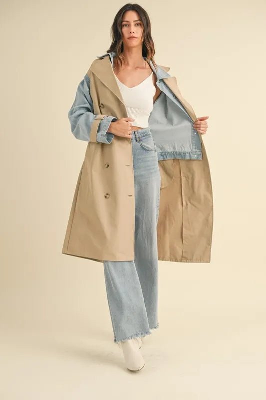 Mable - Beige Trench Coat with Denim Sleeves