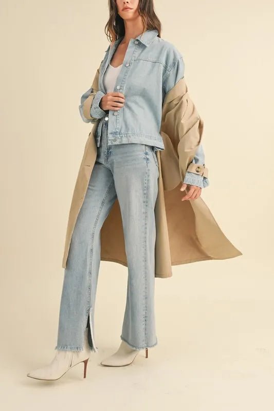 Mable - Beige Trench Coat with Denim Sleeves
