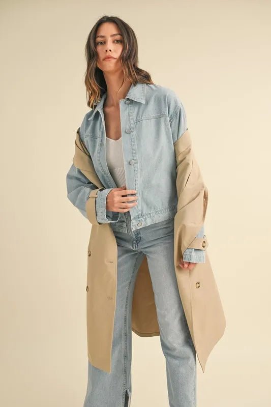Mable - Beige Trench Coat with Denim Sleeves
