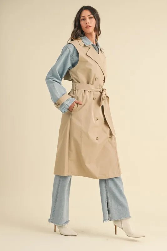 Mable - Beige Trench Coat with Denim Sleeves