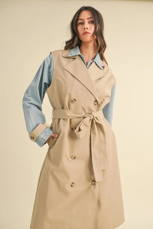 Mable - Beige Trench Coat with Denim Sleeves