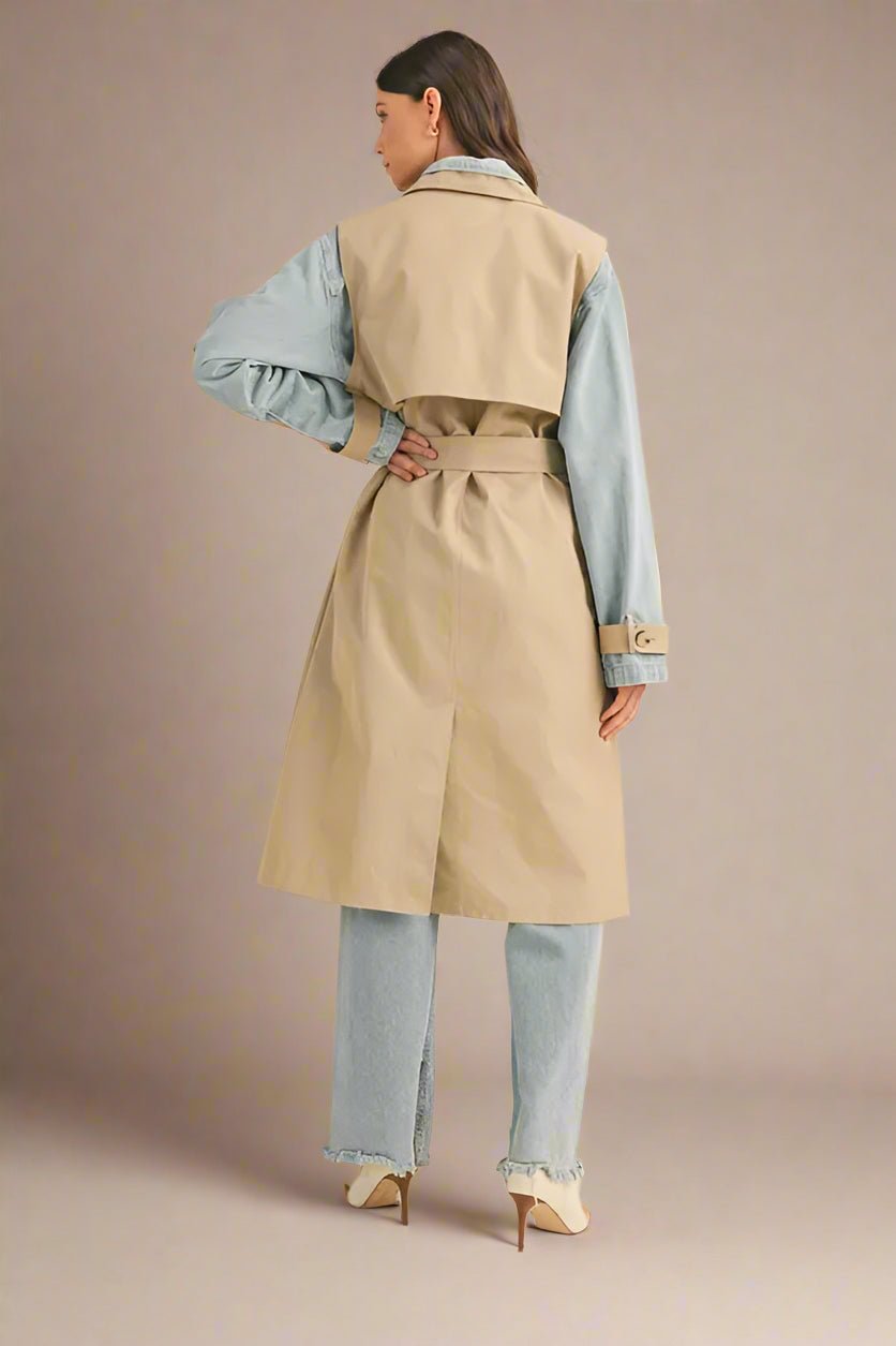 Mable - Beige Trench Coat with Denim Sleeves