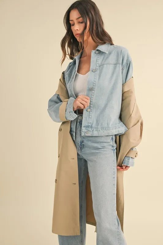 Mable - Beige Trench Coat with Denim Sleeves