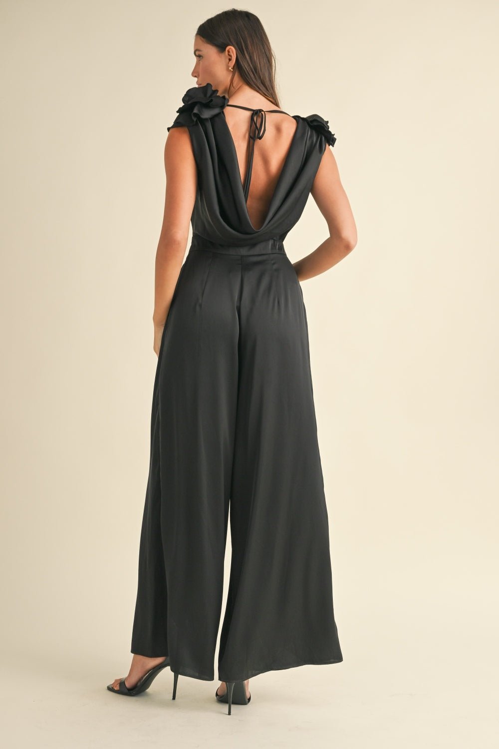 Mable - Black 3D Floral Applique Deep Cowl Neck Jumpsuit