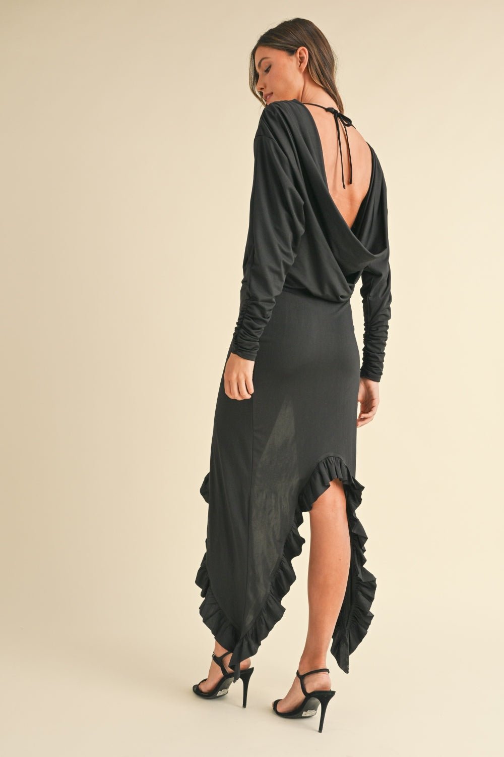 Mable - Black Backless Asymmetric Ruffle Hem Maxi Dress