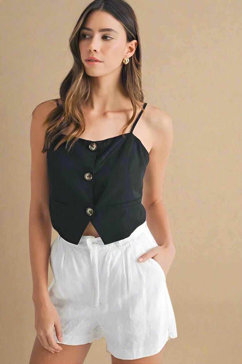Mable - Black Button Front Vest Crop Top