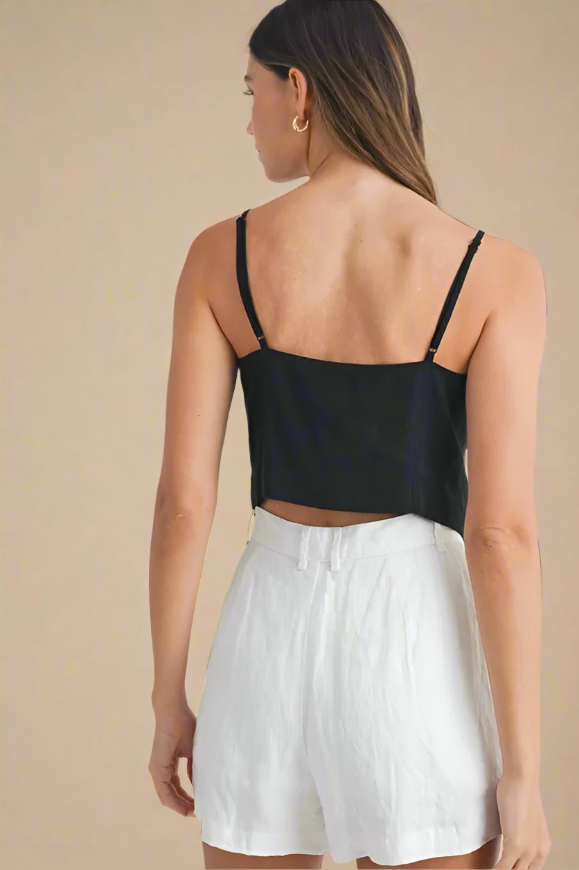 Mable - Black Button Front Vest Crop Top