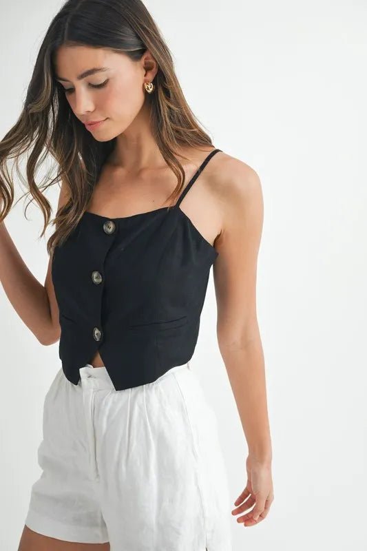 Mable - Black Button Front Vest Crop Top