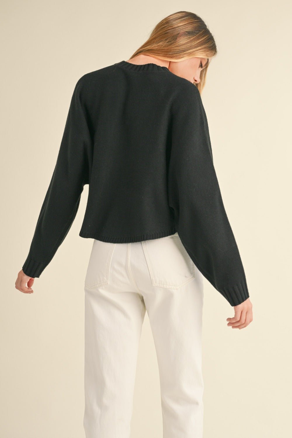 Mable - Black Crew Neck Dolman Sleeve Cropped Sweater