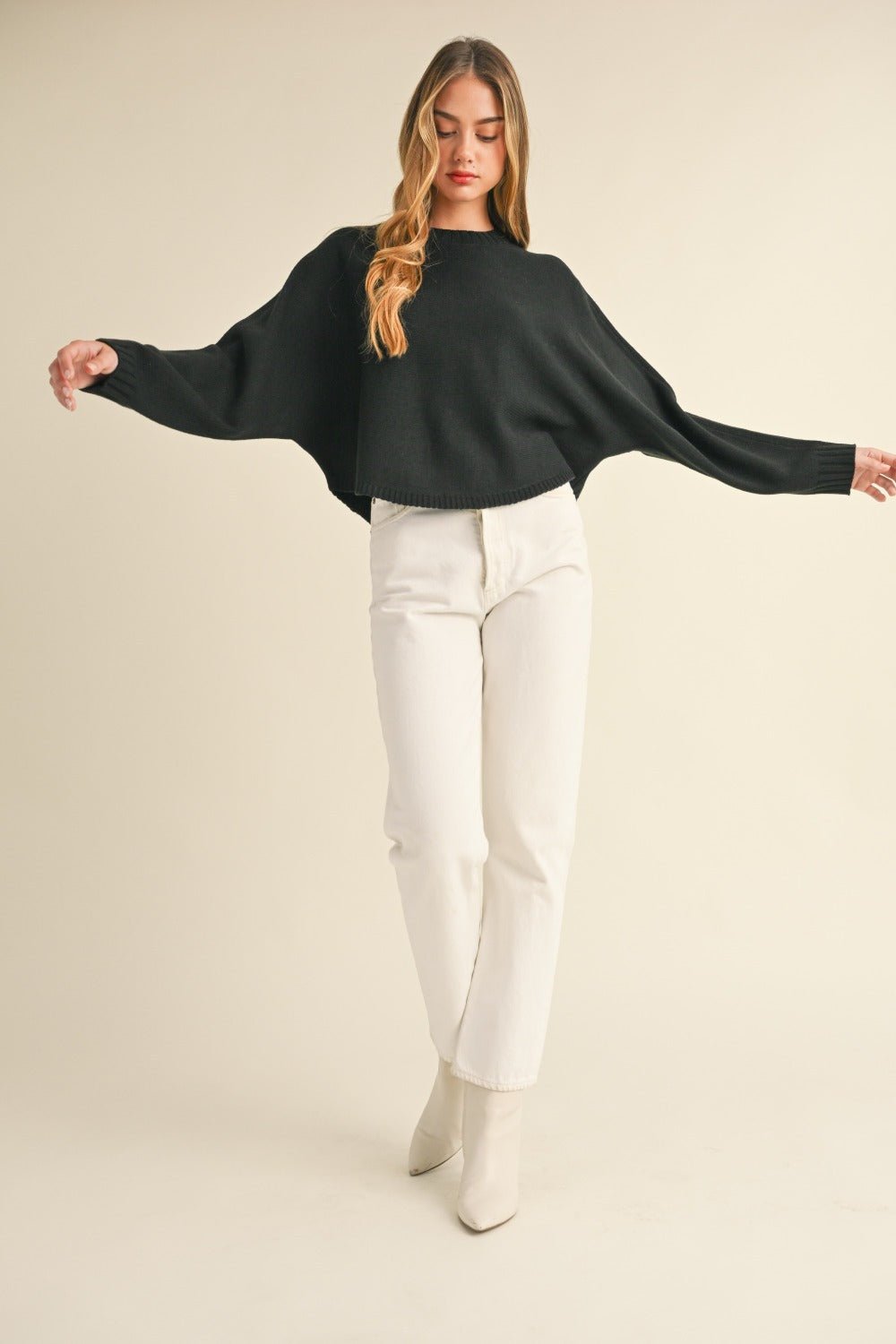 Mable - Black Crew Neck Dolman Sleeve Cropped Sweater