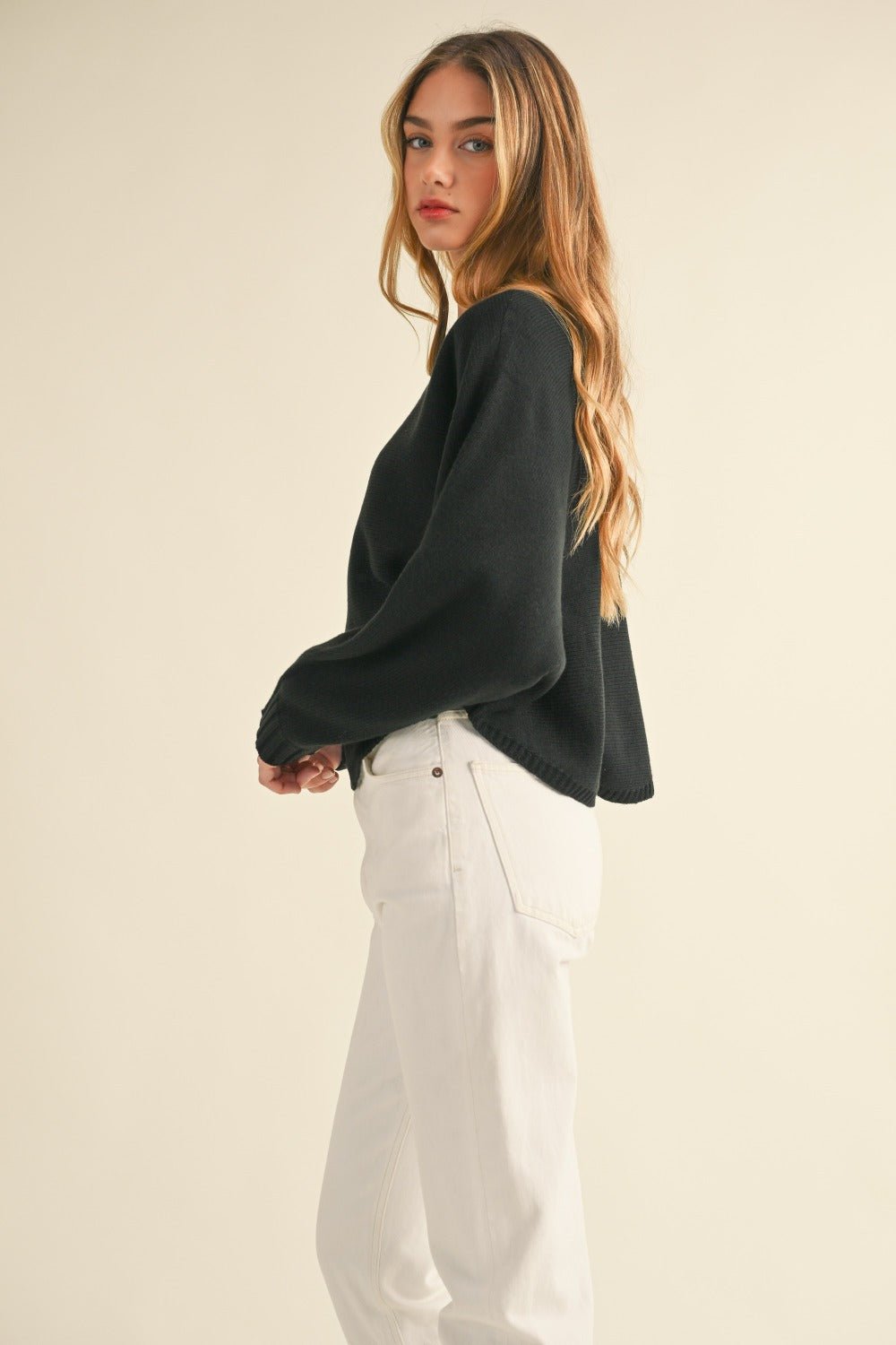 Mable - Black Crew Neck Dolman Sleeve Cropped Sweater