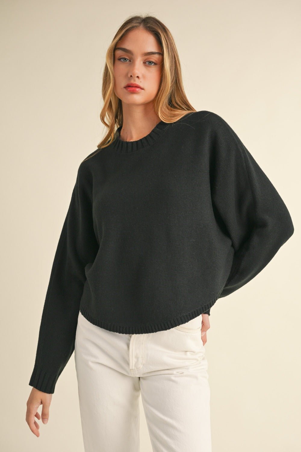 Mable - Black Crew Neck Dolman Sleeve Cropped Sweater