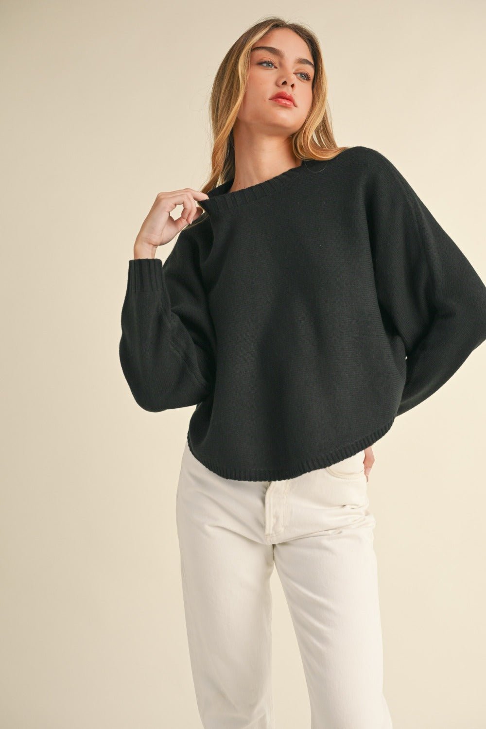 Mable - Black Crew Neck Dolman Sleeve Cropped Sweater