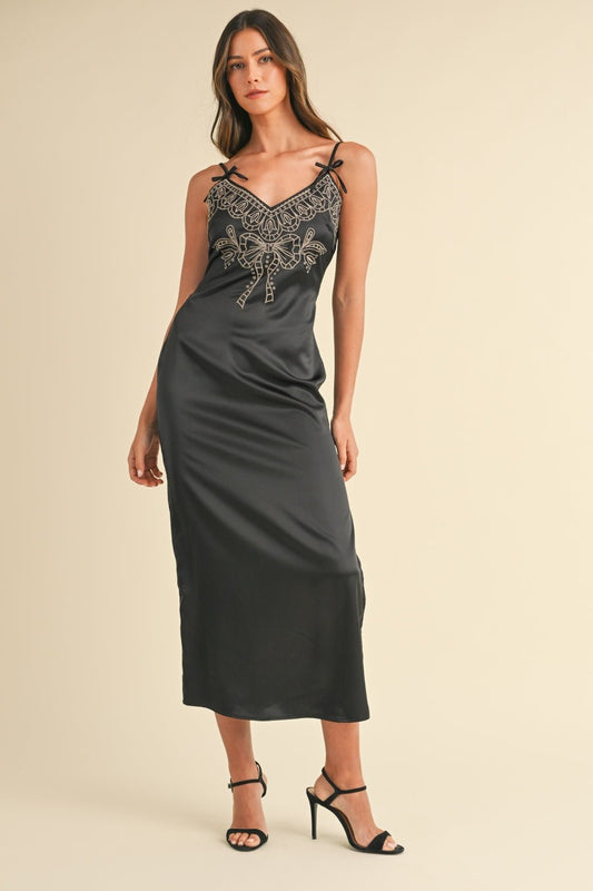 Mable - Black Embroidered Satin Cami Midi Dress