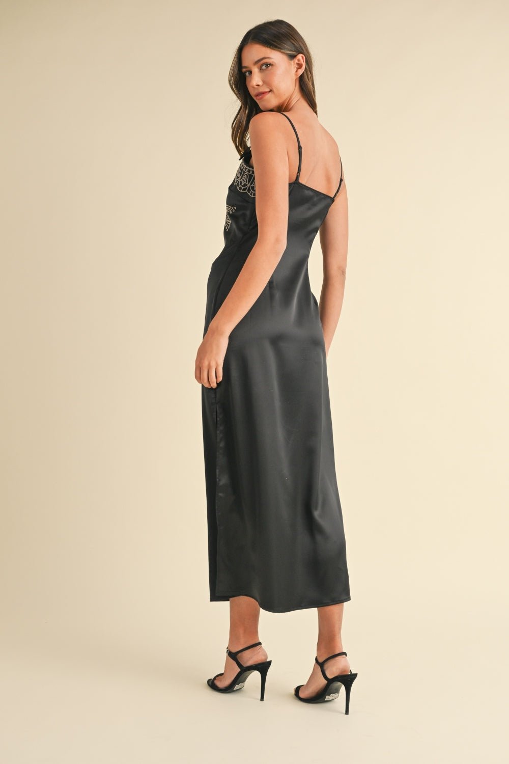 Mable - Black Embroidered Satin Cami Midi Dress