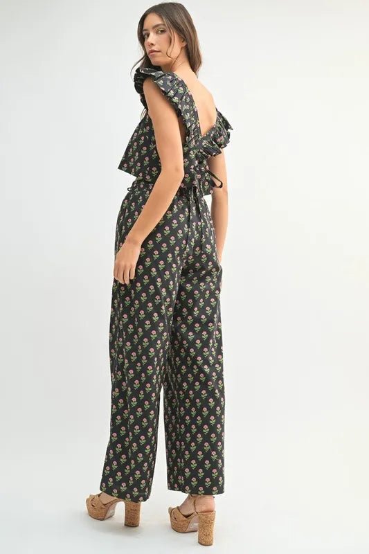 Mable - Black Floral Ruffle Strap Two - Piece Pants Set