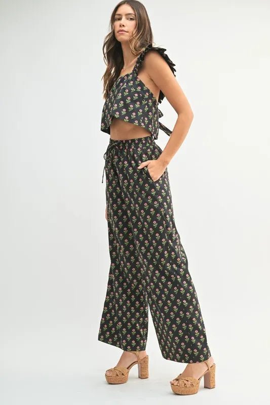 Mable - Black Floral Ruffle Strap Two - Piece Pants Set