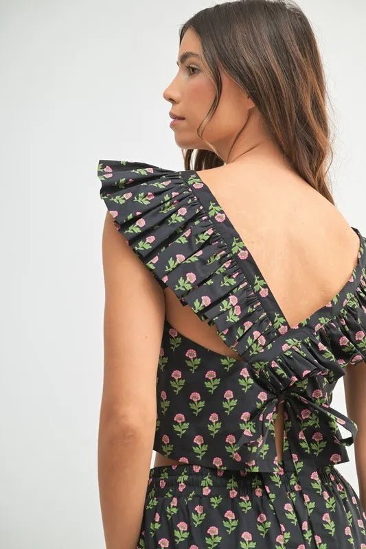 Mable - Black Floral Ruffle Strap Two - Piece Pants Set
