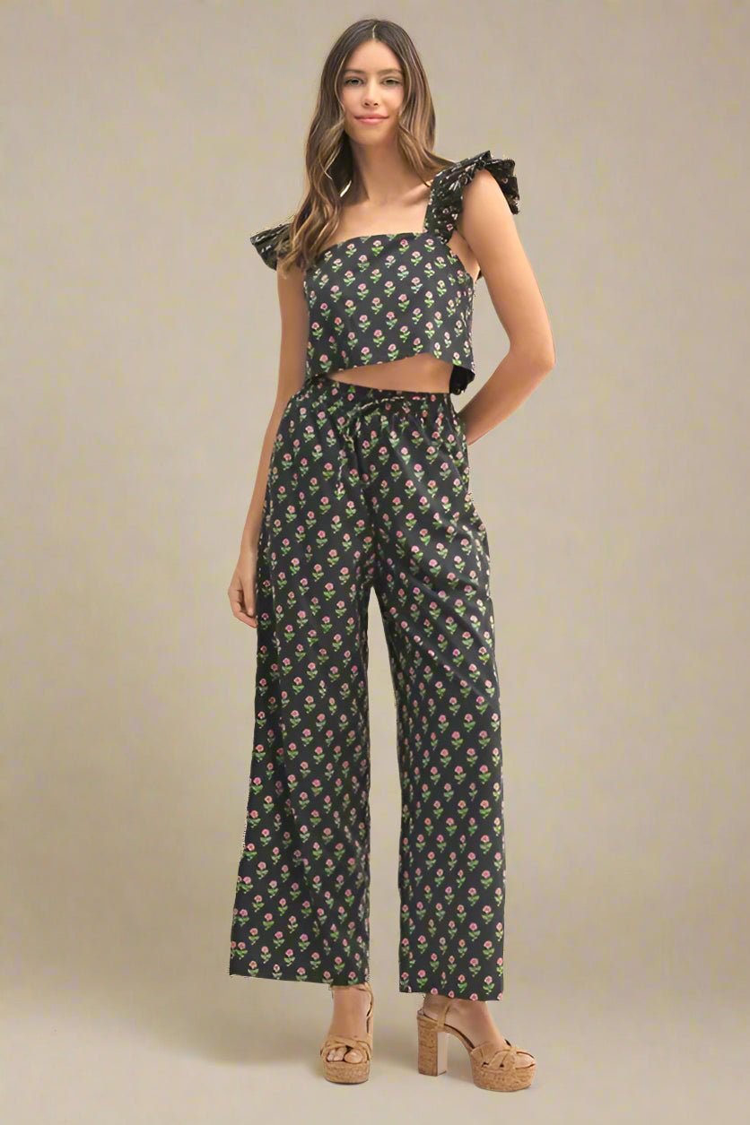 Mable - Black Floral Ruffle Strap Two - Piece Pants Set
