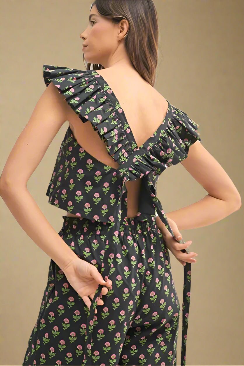 Mable - Black Floral Ruffle Strap Two - Piece Pants Set