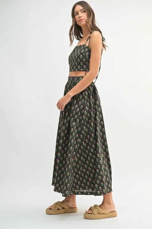 Mable - Black Floral Tie Strap Crop Top & Midi Skirt Set