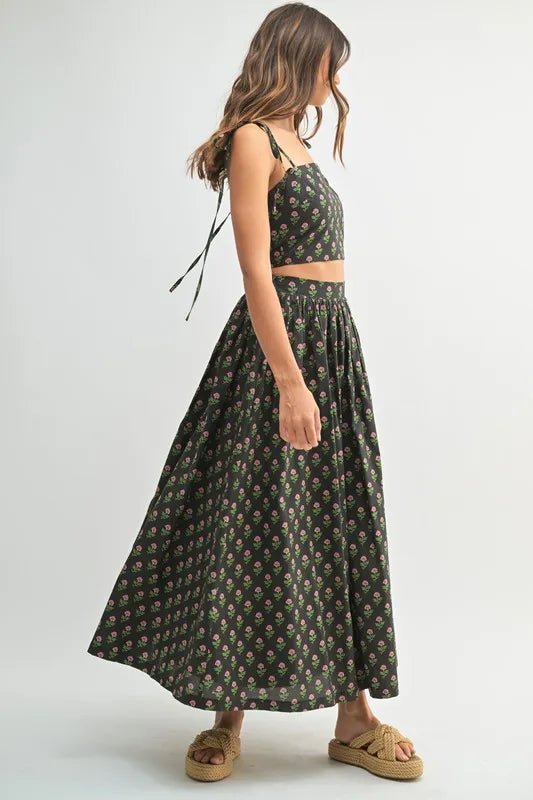 Mable - Black Floral Tie Strap Crop Top & Midi Skirt Set