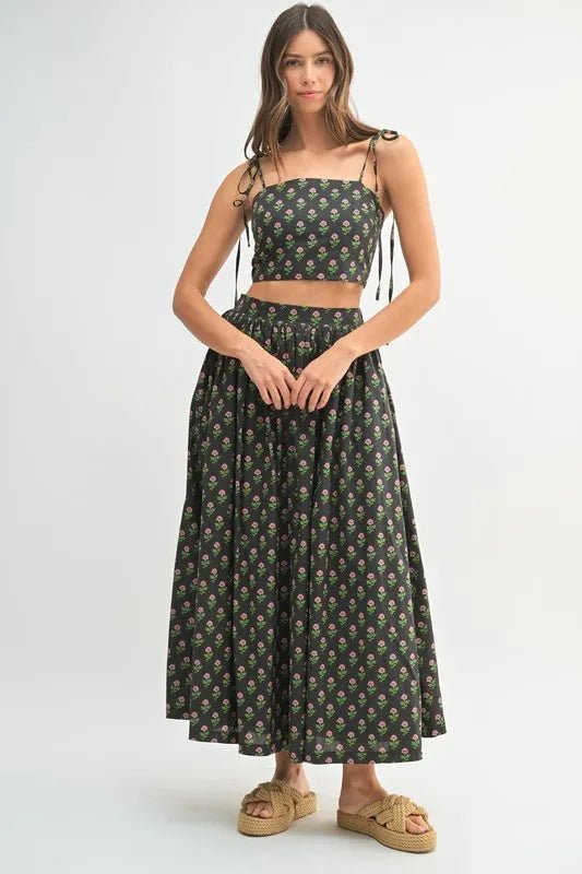 Mable - Black Floral Tie Strap Crop Top & Midi Skirt Set