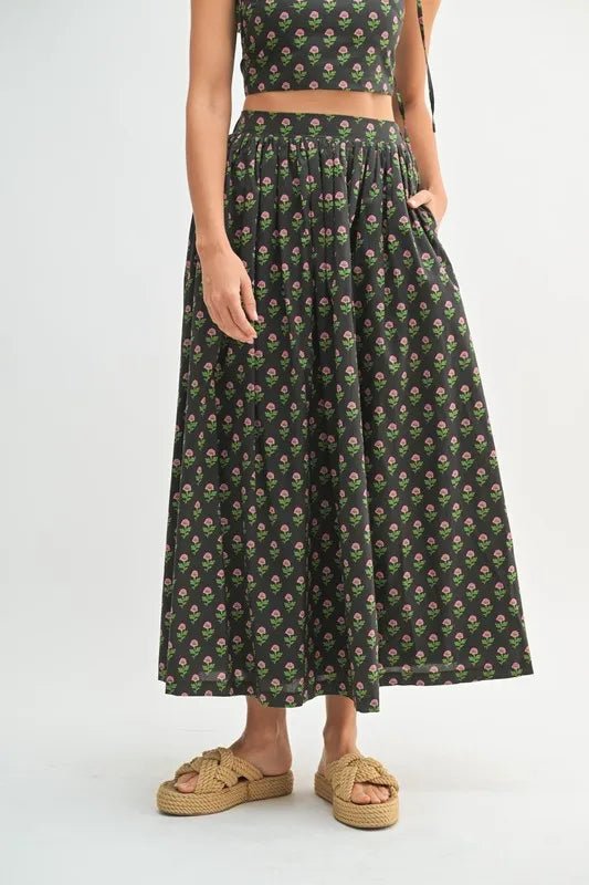 Mable - Black Floral Tie Strap Crop Top & Midi Skirt Set