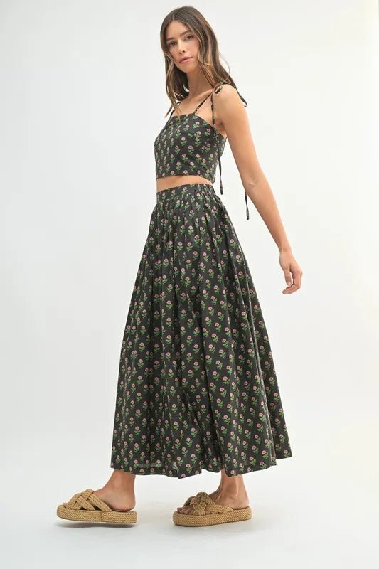 Mable - Black Floral Tie Strap Crop Top & Midi Skirt Set