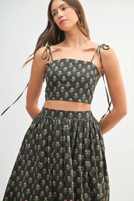 Mable - Black Floral Tie Strap Crop Top & Midi Skirt Set