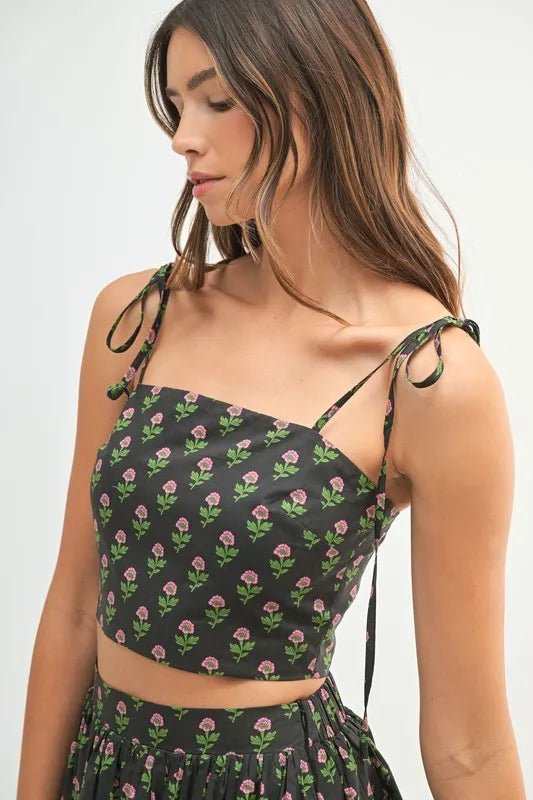 Mable - Black Floral Tie Strap Crop Top & Midi Skirt Set