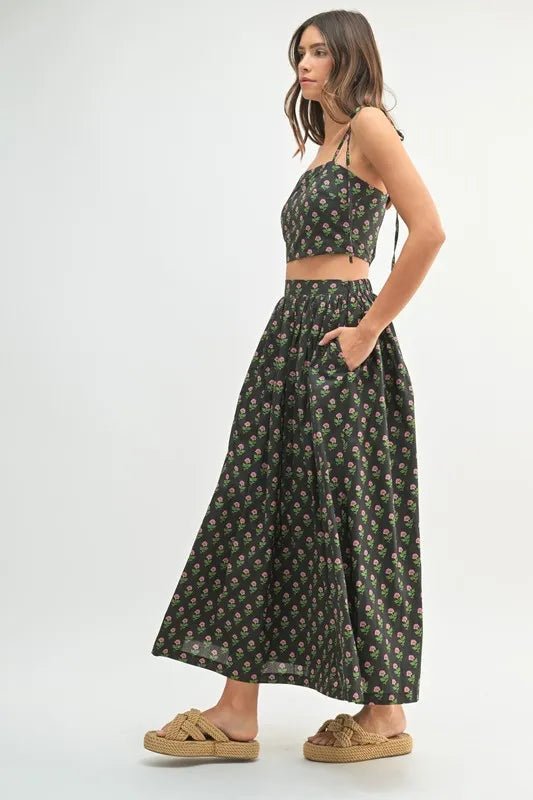 Mable - Black Floral Tie Strap Crop Top & Midi Skirt Set