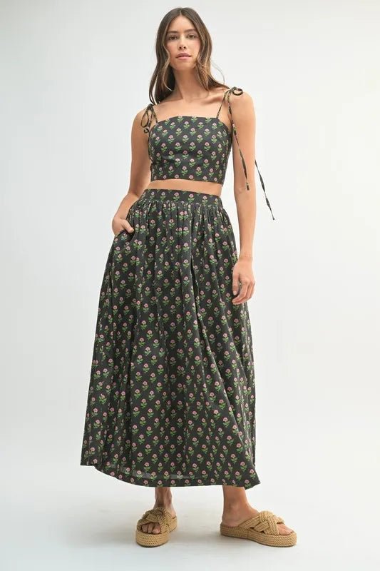 Mable - Black Floral Tie Strap Crop Top & Midi Skirt Set