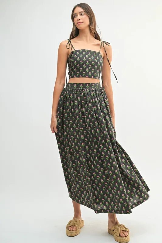Mable - Black Floral Tie Strap Crop Top & Midi Skirt Set