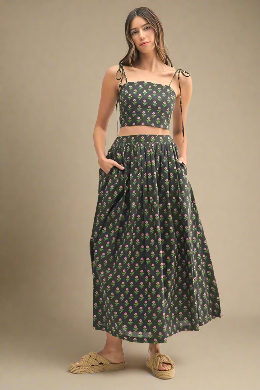 Mable - Black Floral Tie Strap Crop Top & Midi Skirt Set