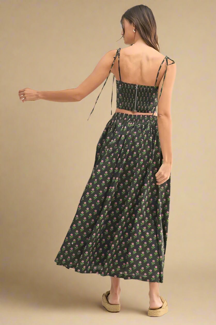 Mable - Black Floral Tie Strap Crop Top & Midi Skirt Set