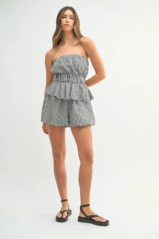 Mable - Black Gingham Strapless Peplum Short Set