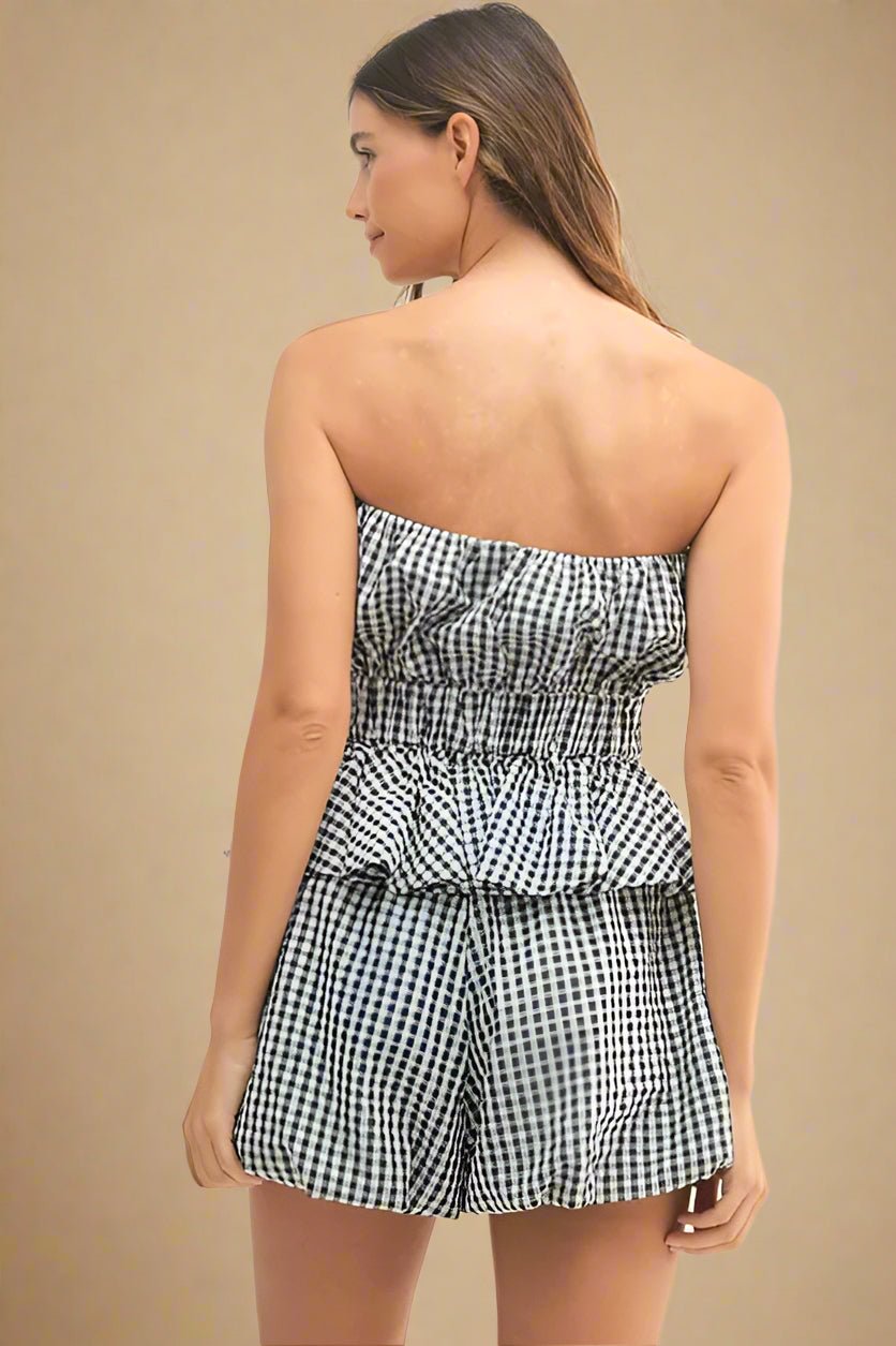 Mable - Black Gingham Strapless Peplum Short Set