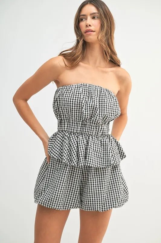 Mable - Black Gingham Strapless Peplum Short Set