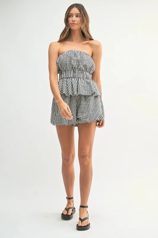 Mable - Black Gingham Strapless Peplum Short Set